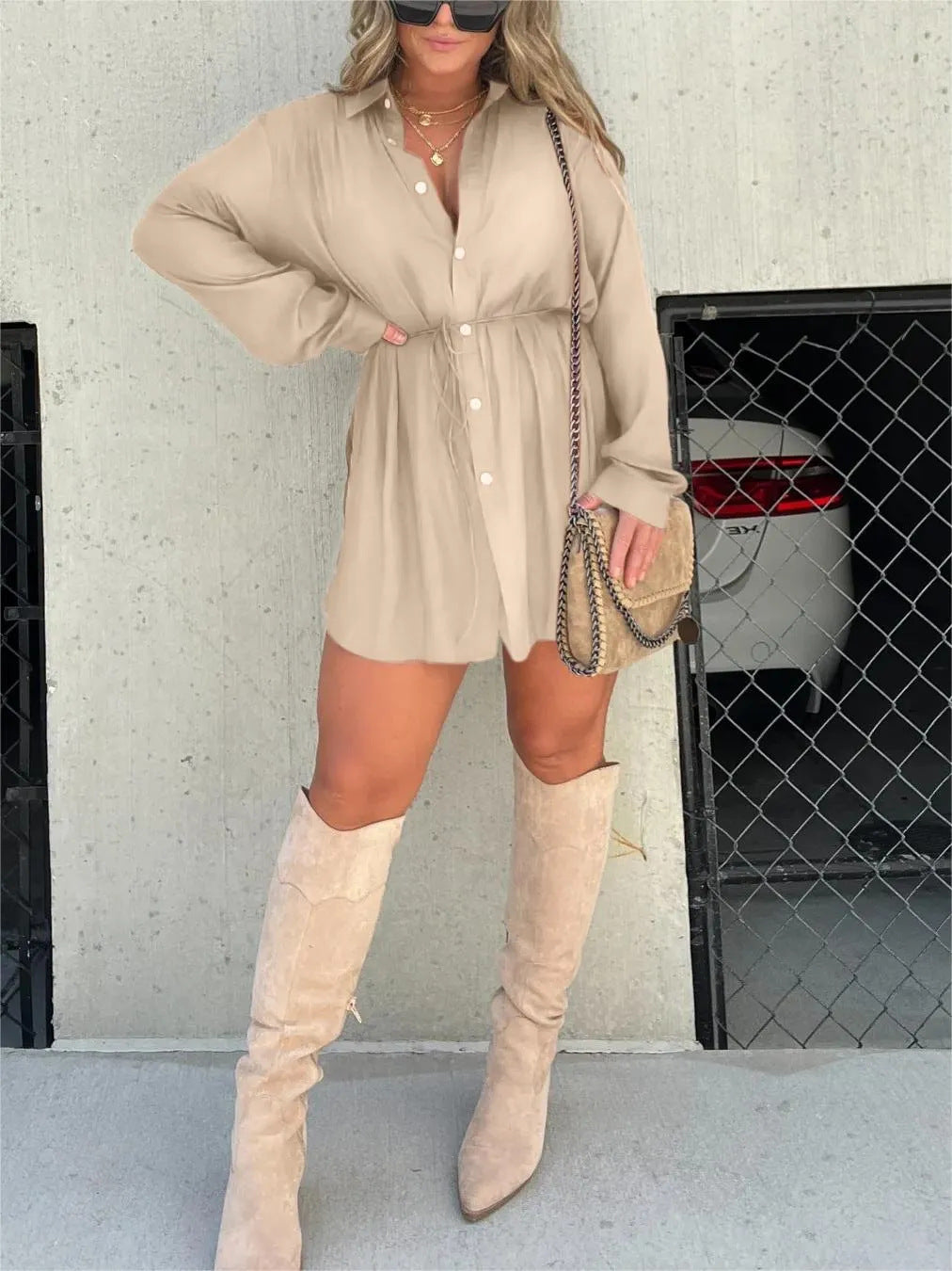 Women's Button-Up Shirt Dress – Long Sleeve, Casual Fit - 3KDyn
